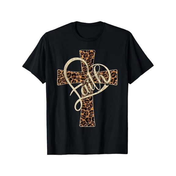 Leopard Print Cross Cheetah Christian Faith Graphic Tee for Men Women, Religious Vintage Church Short Sleeve T-Shirt, Casual Crew Neck Top for Believer Gift