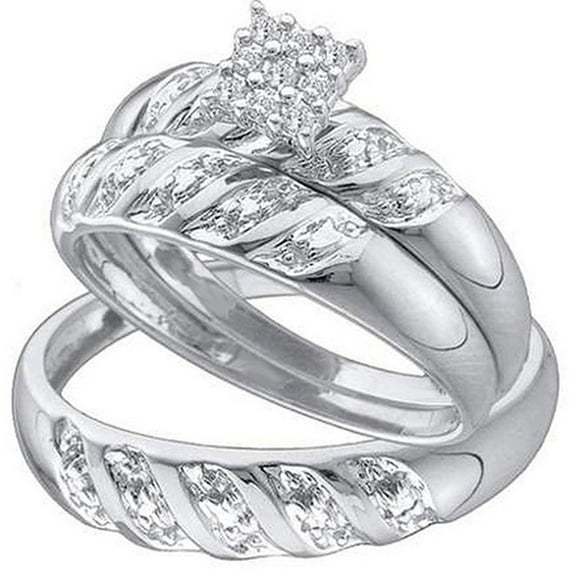 Dazzlingrock Collection 0.10 Carat (ctw) 10K Round White Diamond Men & Women's Engagement Trio Bridal Set 1/10 CT, White Gold