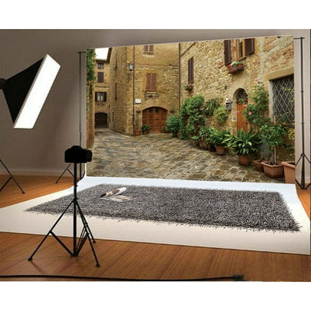 GreenDecor Polyster 7x5ft Italy Narrow Street Backdrop Green Plants Fresh Flowers Ancient Brick Stone House Grunge Floor Nature Travel Photography Background Kids Adults Photo Studio
