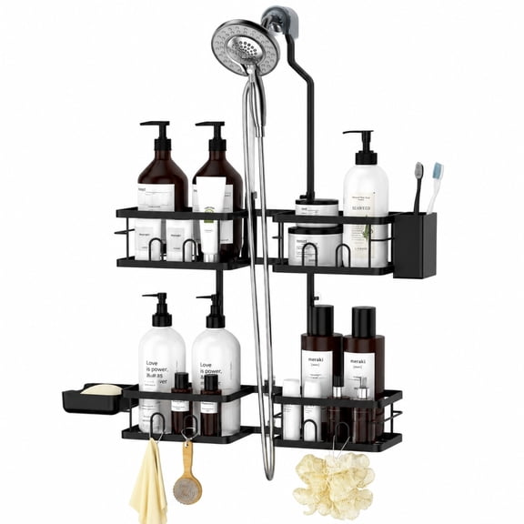 Adjustable Shower Caddy Hanging Rustproof Shower Caddy for Handheld Showerheads, Shower Organizer with Hooks Soap Holder Toothbrush Holder, Anti-Swing Shower Rack Bathroom Accessories, Black