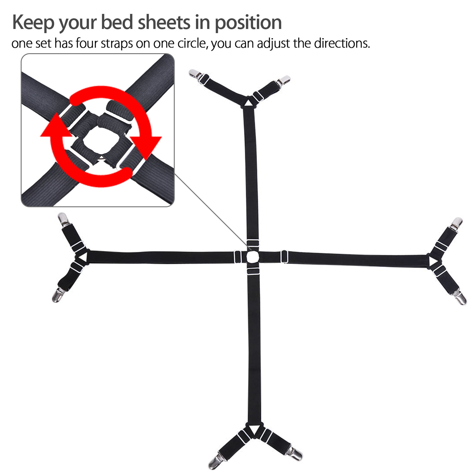 The Nyche Designs Crisscross 2 Way Adjustable Bed Sheet Straps Suspenders Grippers Fasteners for All Bedsheets Fitted Sheets Flat Sheets Set of 2, Black