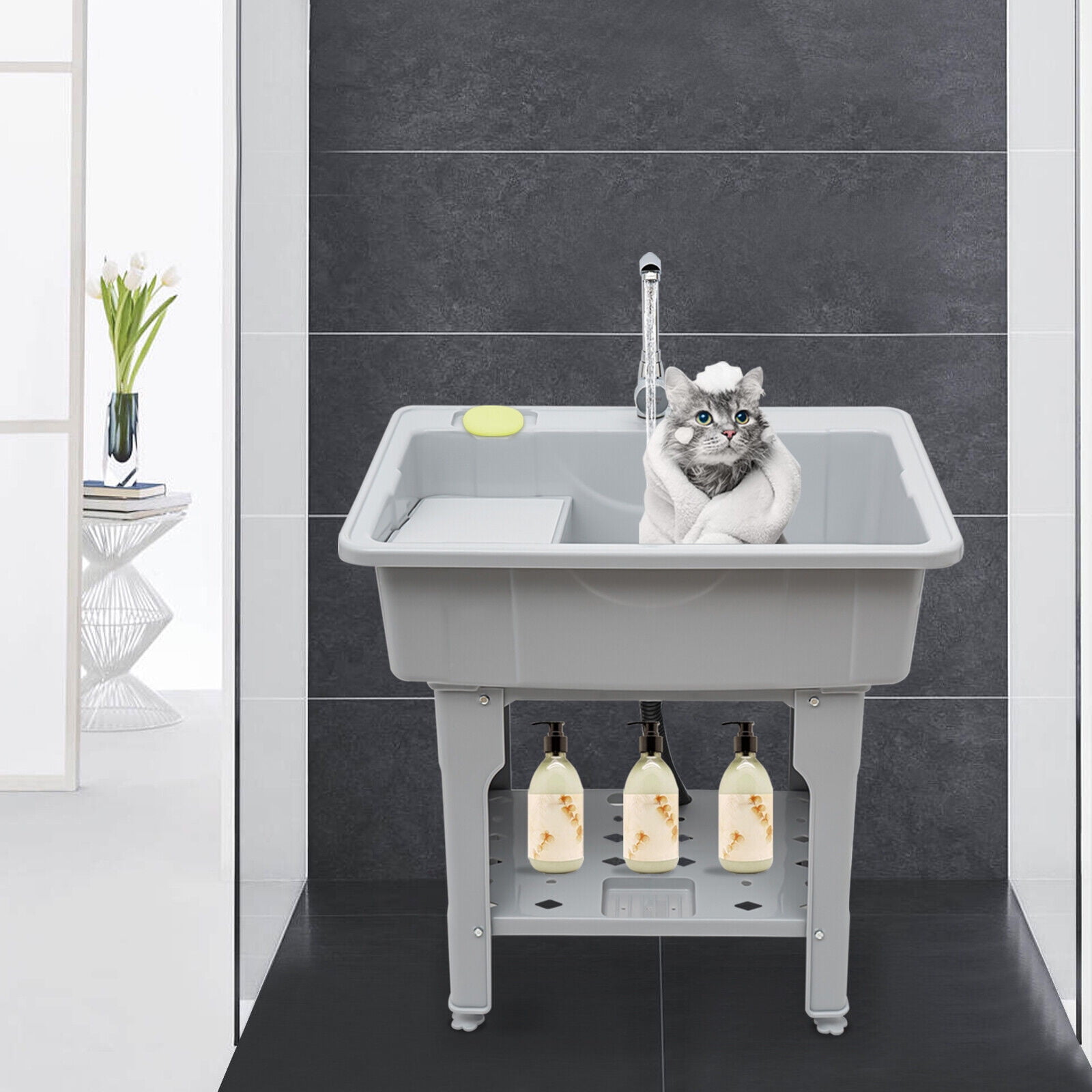 Laundry Sink,Freestanding Plastic Laundry Sink with Washboard,Utility Sink with Hot and Cold Faucet,Hoses and Drain Kit for Laundry Room&Garage Basement Garden