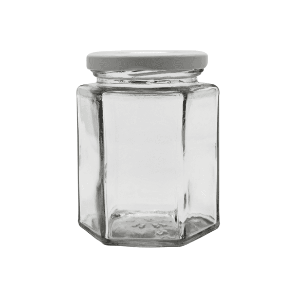 Paquete de 12 Frascos de Vidrio Hexagonal 250ml con Tapa Twist-Off | Ideal para Mermeladas, Conservas y Dulceros | Grado Alimenticio | Tapa Blanca