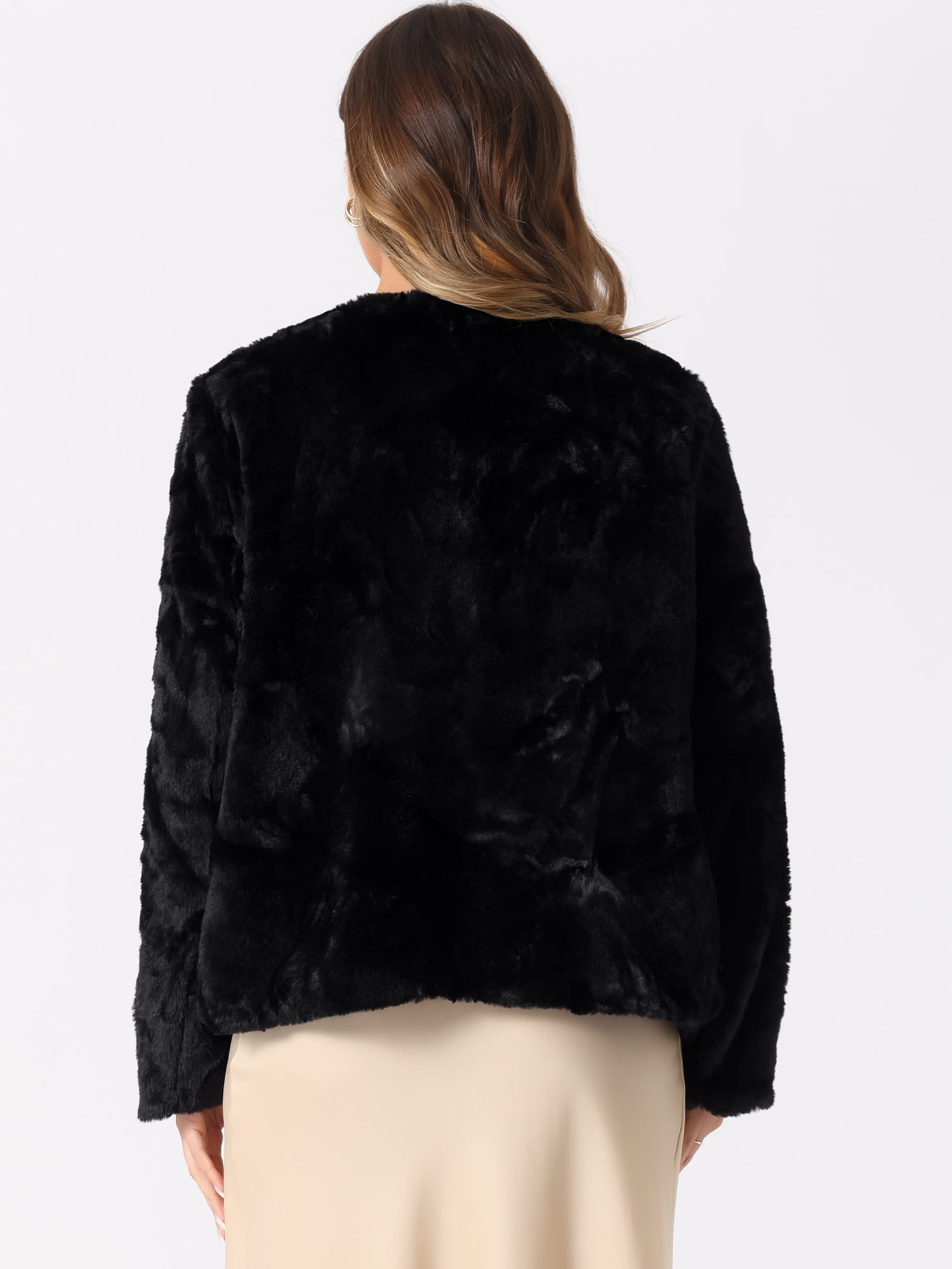 DARING DIVA Women's Winter Faux Fur Coat Jacket Long Sleeve Pockets Pearl Button XS Black
