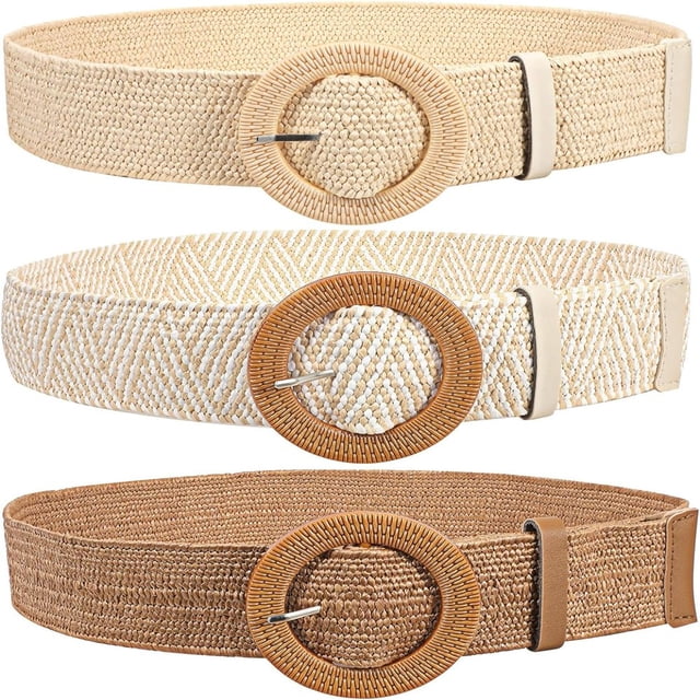 CHUANK Lot de 3 Ceintures Élastiques en Paille Tissée pour Femmes Ceinture Grand Extensible en Raphia pour Robe d'Été