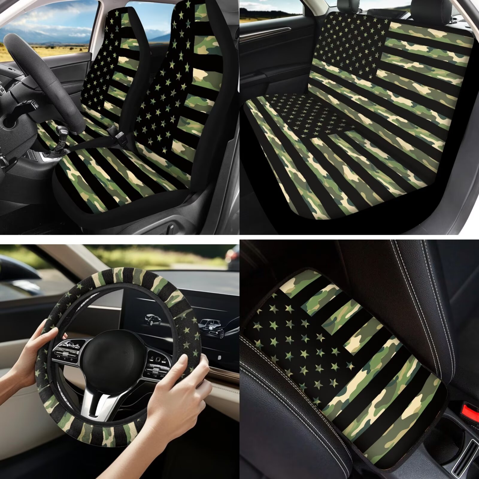 Garronmavis Camouflage American Flag Car Front Rear Bench Seat Protector Covers 13 Pieces Set, Seatbelt Pads, Armrest Pad,Steering Wheel Cover, Auto Coasters, Keychain, Key Ring Chapstick Holder
