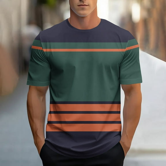 Zylanna Men's Casual Shirts Tee, Crew Neck Short Sleeve Athletic Elastic Striped Breathable Summer Tops for Man Army Green Size L