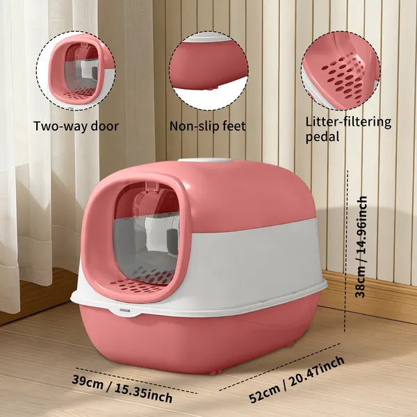 Pink E24 Fully Enclosed Cat Litter Box, Thickened Durable Odor-Lock Litter Box with Litter Filter Pedal & Non-Slip Feet