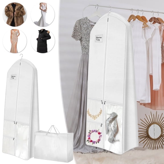 71" Extra-Long Wedding Dress Garment Bag with 16" Gusseted Bottom - White Non-Woven Fabric, 4 Pockets, 3 Clear PVC Storage Compartments for Accessories & Shoes, Travel-Friendly Foldable Design