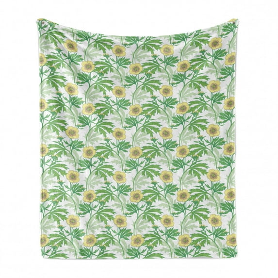 Gardening Soft Flannel Fleece Throw Blanket, Buttercup Flowers Field Leaf Botany Flourish in the Yard Summer, Cozy Plush for Indoor and Outdoor Use, 60" x 80", Green and Pastel Yellow, by Ambesonne