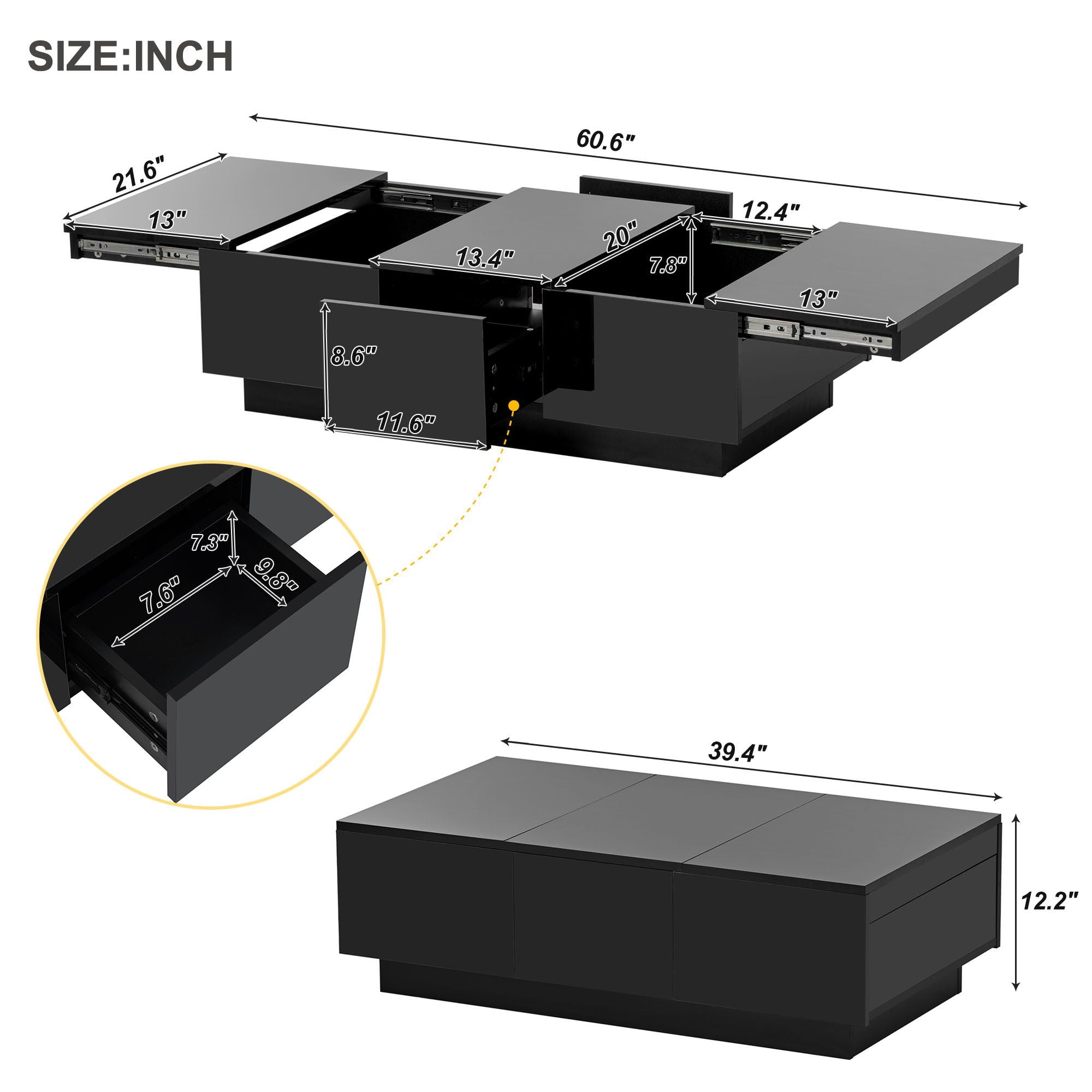DEALTOPS Modern Coffee Table with Sliding Top and 2 Hidden Storage Compartments, High-gloss End Table with 2 Drawers for Living Room -Black
