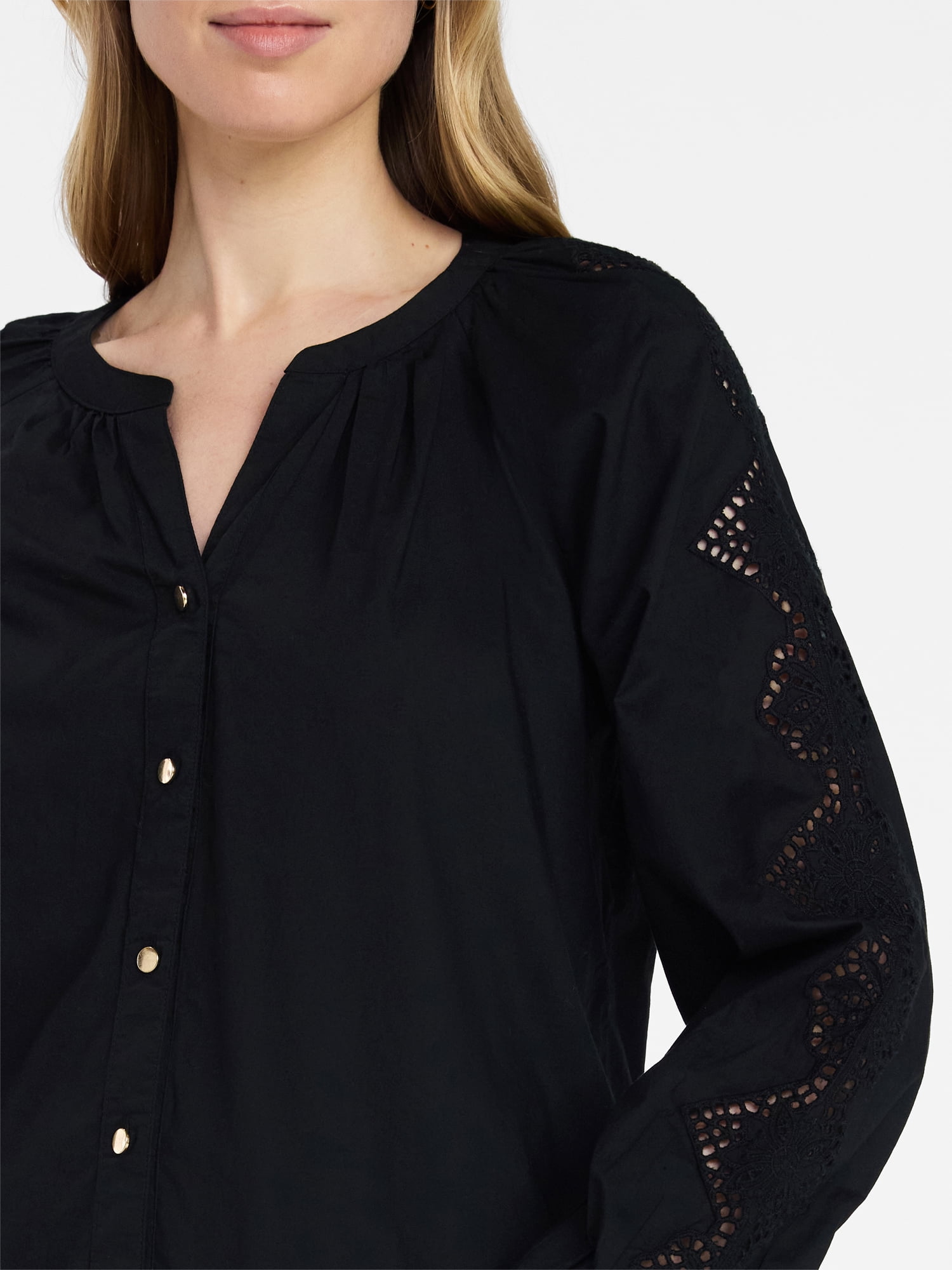 Time and Tru Women's Eyelet Blouse with Long Sleeves, Sizes XS-XXXL