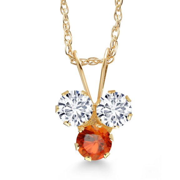 Gem Stone King 14K Yellow Gold White Lab Grown Diamond and Orange Sapphire 3-Stone Pendant Necklace for Women (0.36 Cttw, Gemstone April Birthstone, Round 3MM, 18 inch Chain)