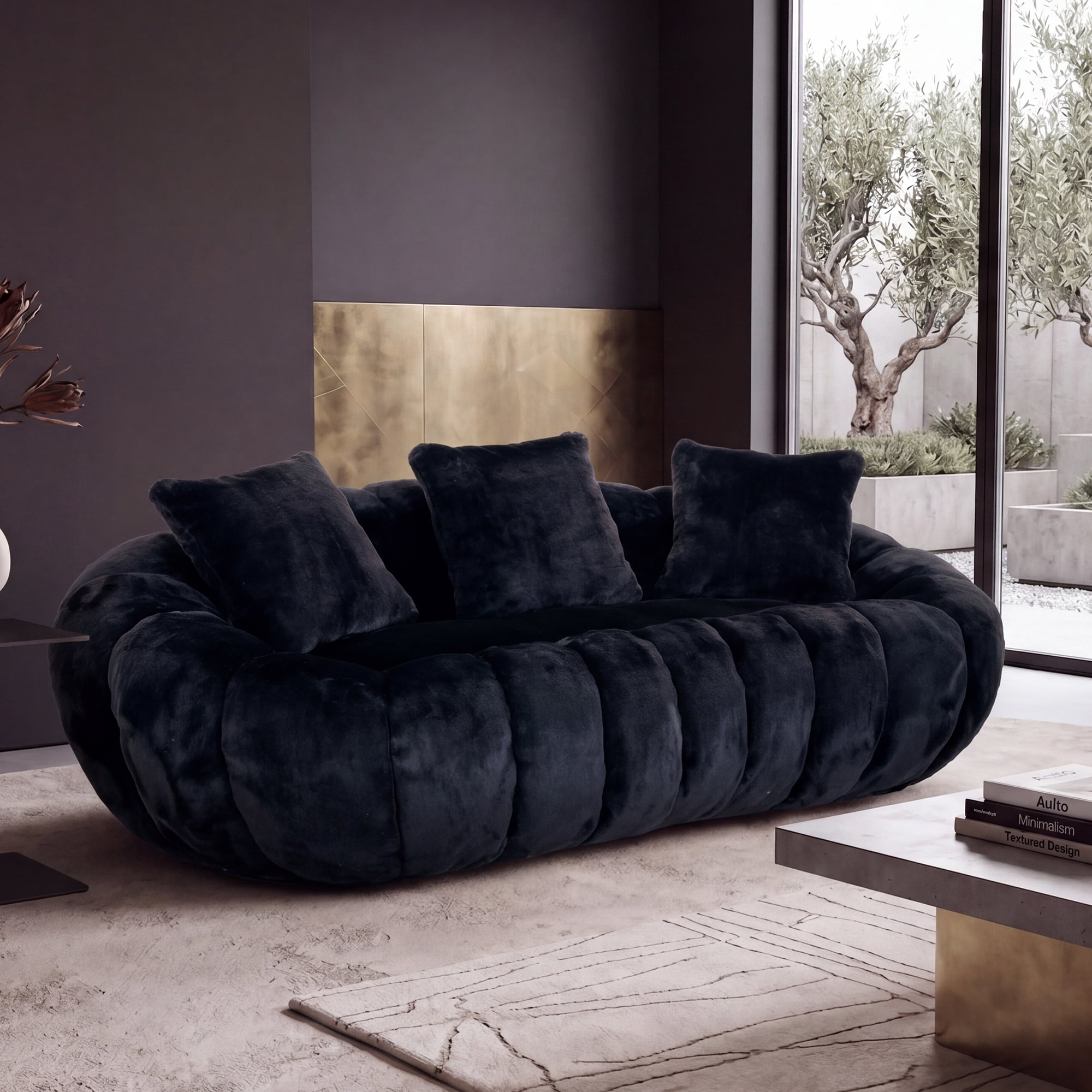 Floral-Shaped Ultra-Soft Faux Fur Sofa, Large Living Room Loveseat for 2 People with High-Density Shredded Foam, Black