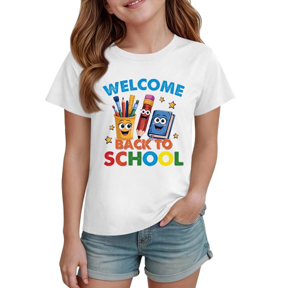 Grblisyd First Day of School Shirt Girls Boys Letter Print Crew Neck Short Sleeve Tshirt Kids Back to School Graphic Tee Tops