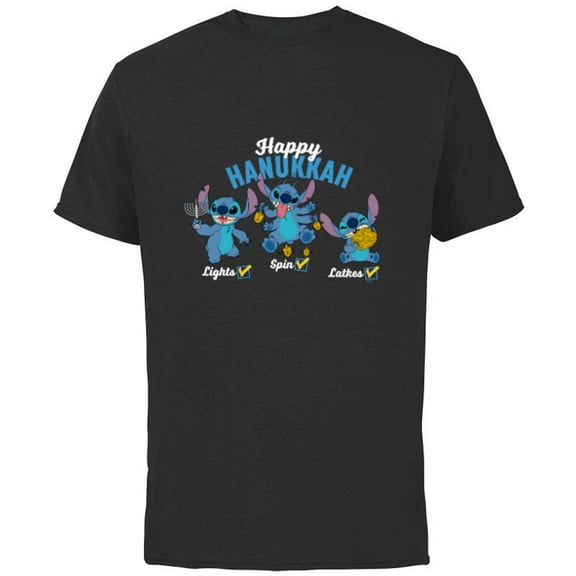 Disney Lilo & Stitch Happy Hanukkah Lights Spin Latkes - Short Sleeve Cotton T-Shirt for Adults - Customized-Black