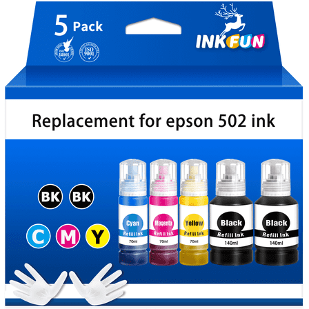 INKFUN Ink Bottle Replacement for Epson 502 Ink Refill Bottle Ecotank for ET-2850 Printer (Black Cyan Magenta Yellow, 5 Pack)