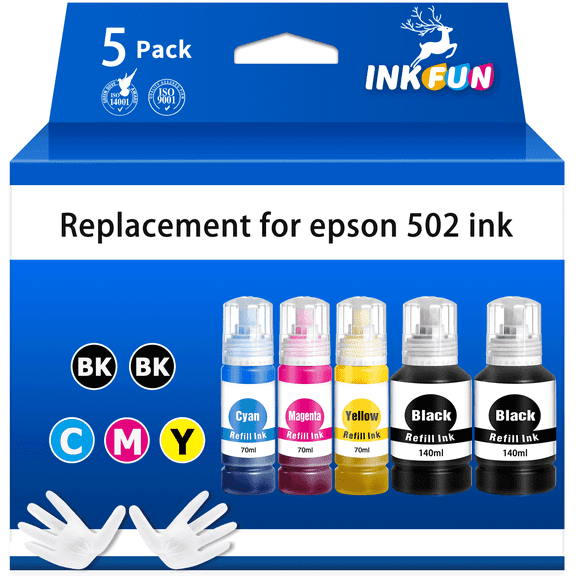 INKFUN Ink Bottle Replacement for Epson 502 Ink Refill Bottle Ecotank for ET-2850 Printer (Black Cyan Magenta Yellow, 5 Pack)