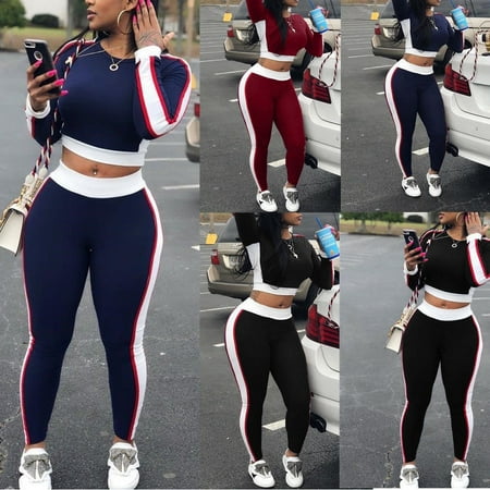 - 2Pcs Women Ladies Tracksuit Hoodies Sweatshirt Tops+Pants Sport Wear Casual Suit