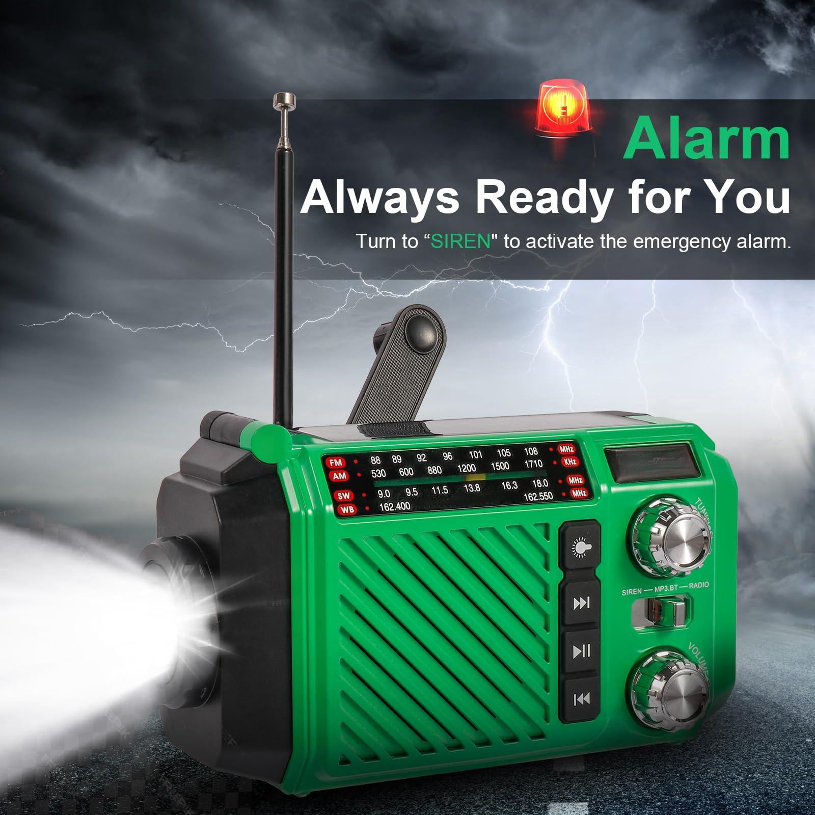 Hand Crank Emergency Weather Radio With 2600mah/9620mwh Power  Noaa Am Fm Shortwave Portable Solar & Usb-c Charging Flashlight Sos Alarm For Kits (green)