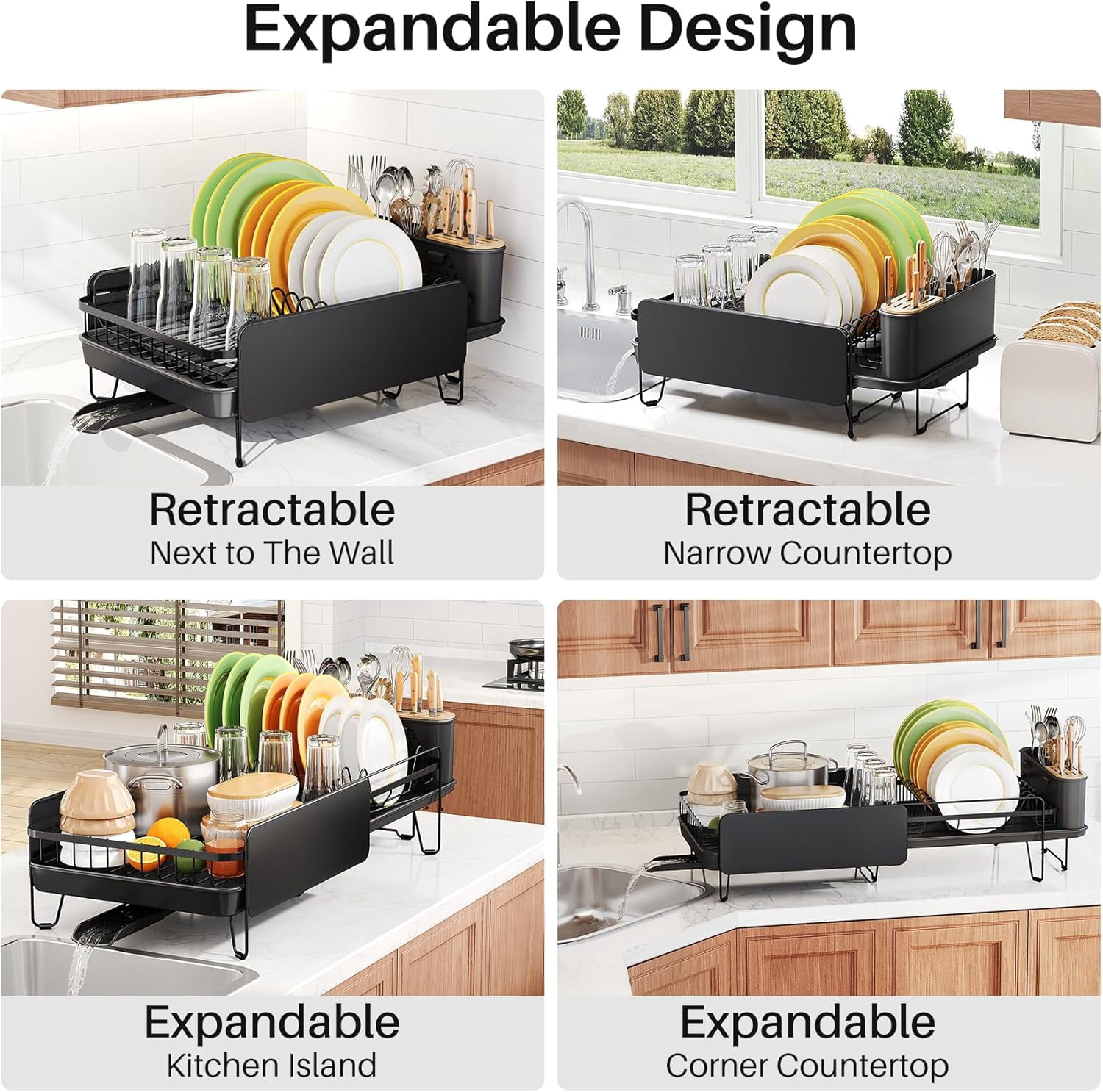 Expandable Dish Drying Rack for Kitchen Counter, Large Stainless Steel Drainer with Cutlery Holder and Rustproof Coating