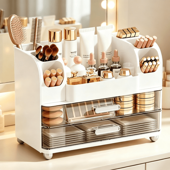 2 Tier Makeup Organizer with 2 Large Drawers and Brush Holder, Desktop Cosmetic Storage Box for Vanity Bathroom Bedroom(White)