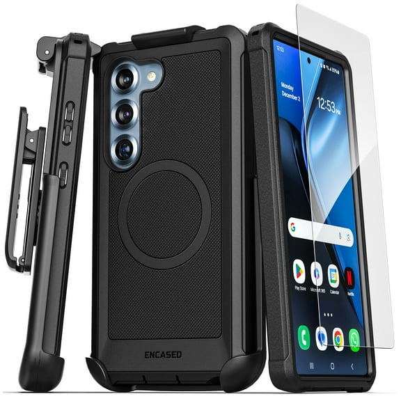 Encased Falcon Series for Samsung Galaxy S25 Case with Belt Clip (Compatible with MagSafe Qi2) Protective Case with Screen Protector and Holster (Black)