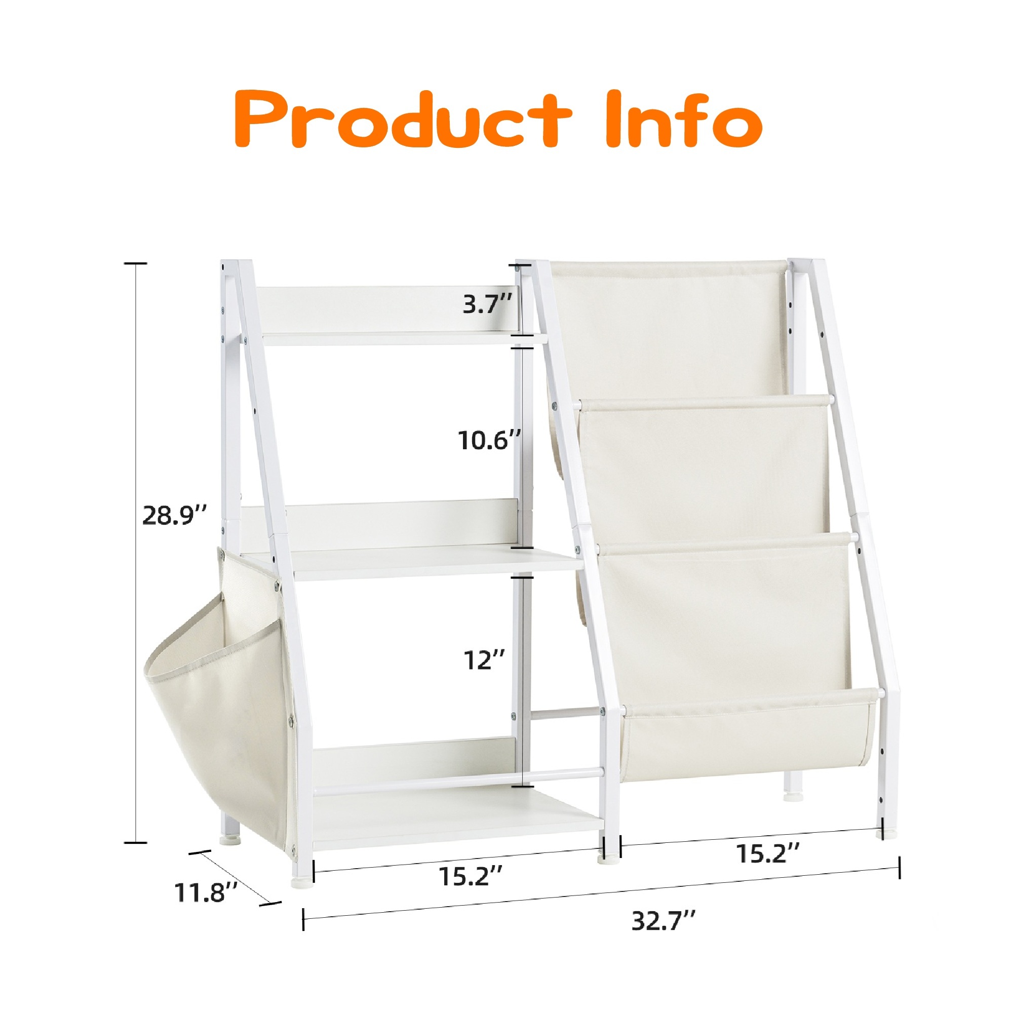 MAYEERTY Metal White Kids Bookshelf, 3-Tier Bookcase with Side Pocket, Children's Storage Organizer for Books & Toys
