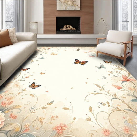 ODIKA 4'x6' Machine Washable Non-Slip Area Rug, Charming Motif with Elegant Floral Accents High Traffic Rug, Ivory, 280442