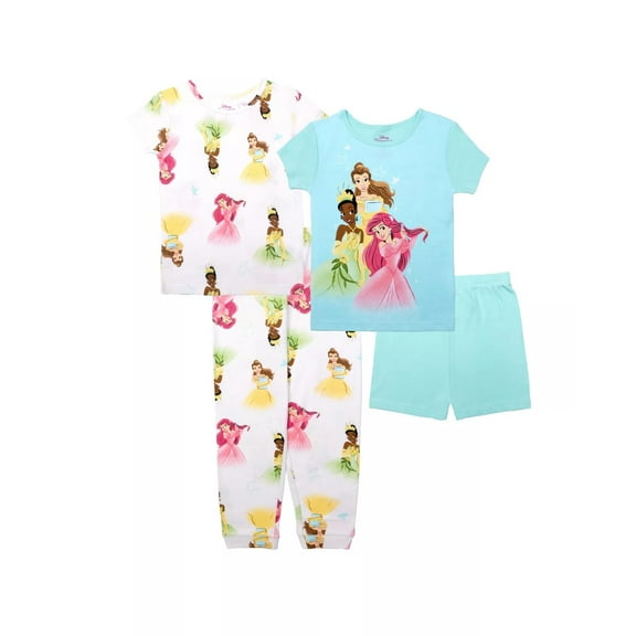 Disney Princess Tiana, Belle and Ariel Toddler Girl's 4-Piece Pajama Set (Size 3T)