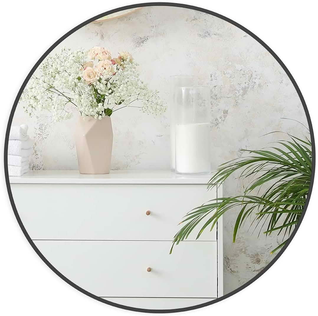 MAYEERTY 30 Inch Black Metal Framed Round Bathroom Wall Mirror, for Home Bathroom Use