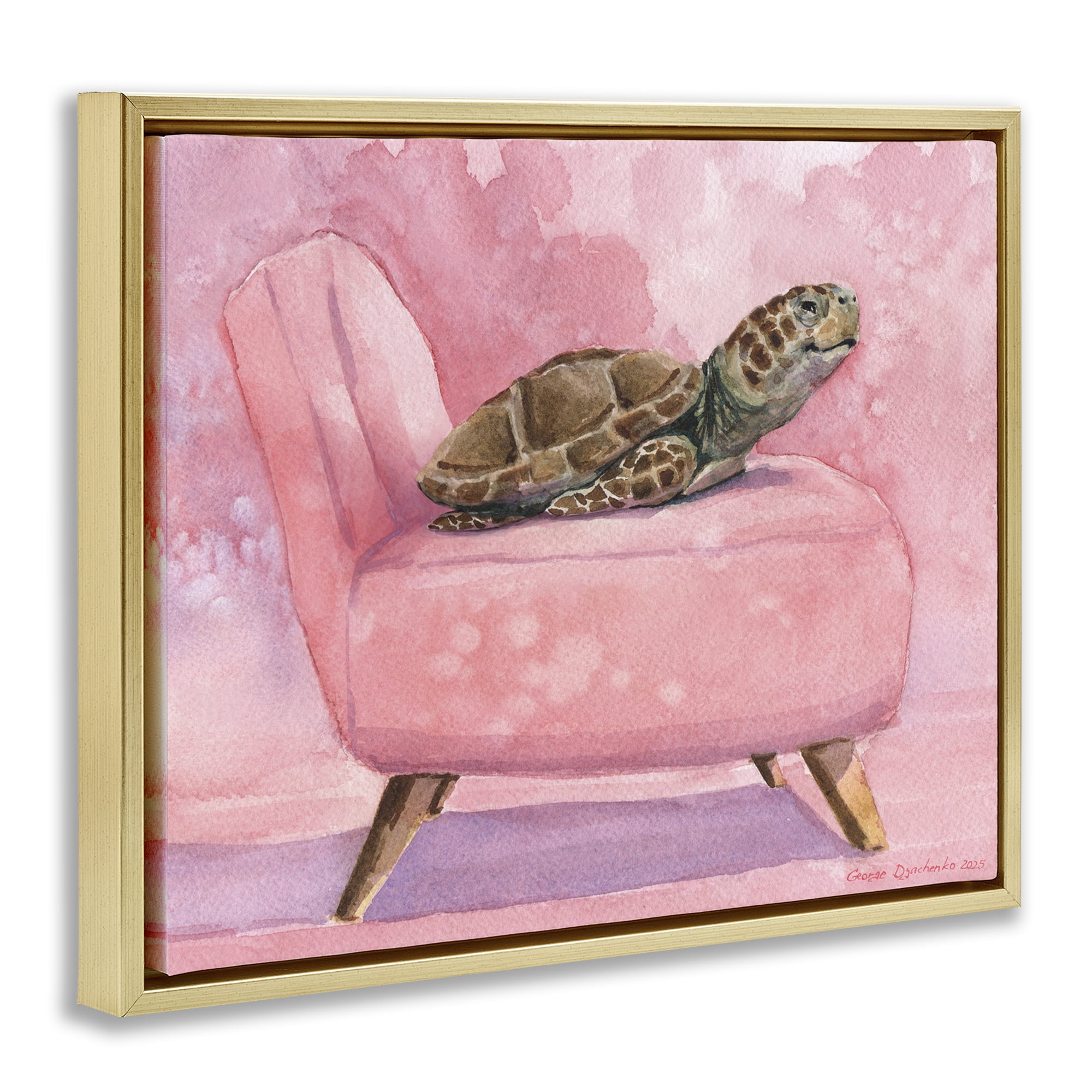 Stupell Industries Happy Turtle on Pink Chair Gold Framed Floater Canvas Wall Art, design by George Dyachenko