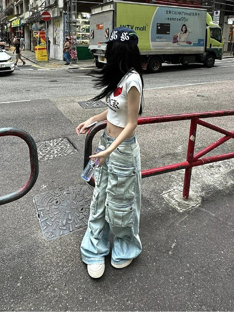 Women American Vintage Y2K Cyber Punk Kpop Multi-Pocket Low Rise