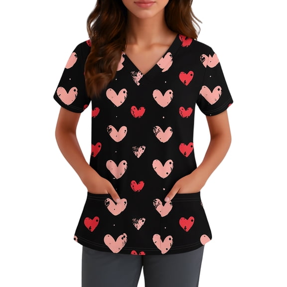 Womens Valentine's Day Scrub Tops Funny Love Heart Printed V-Neck Medical Shirt Tops Valentine's Day Scrubs Tops Working Nurse Uniforms with Pockets