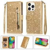 Allytechgroup Glitter Case for iPhone 16 Pro, Bling PU Leather Flip Folio Stand Cards Holder Anti-Scratch Shockproof Bumper Wallet Case Cover for iPhone 16 Pro, Gold