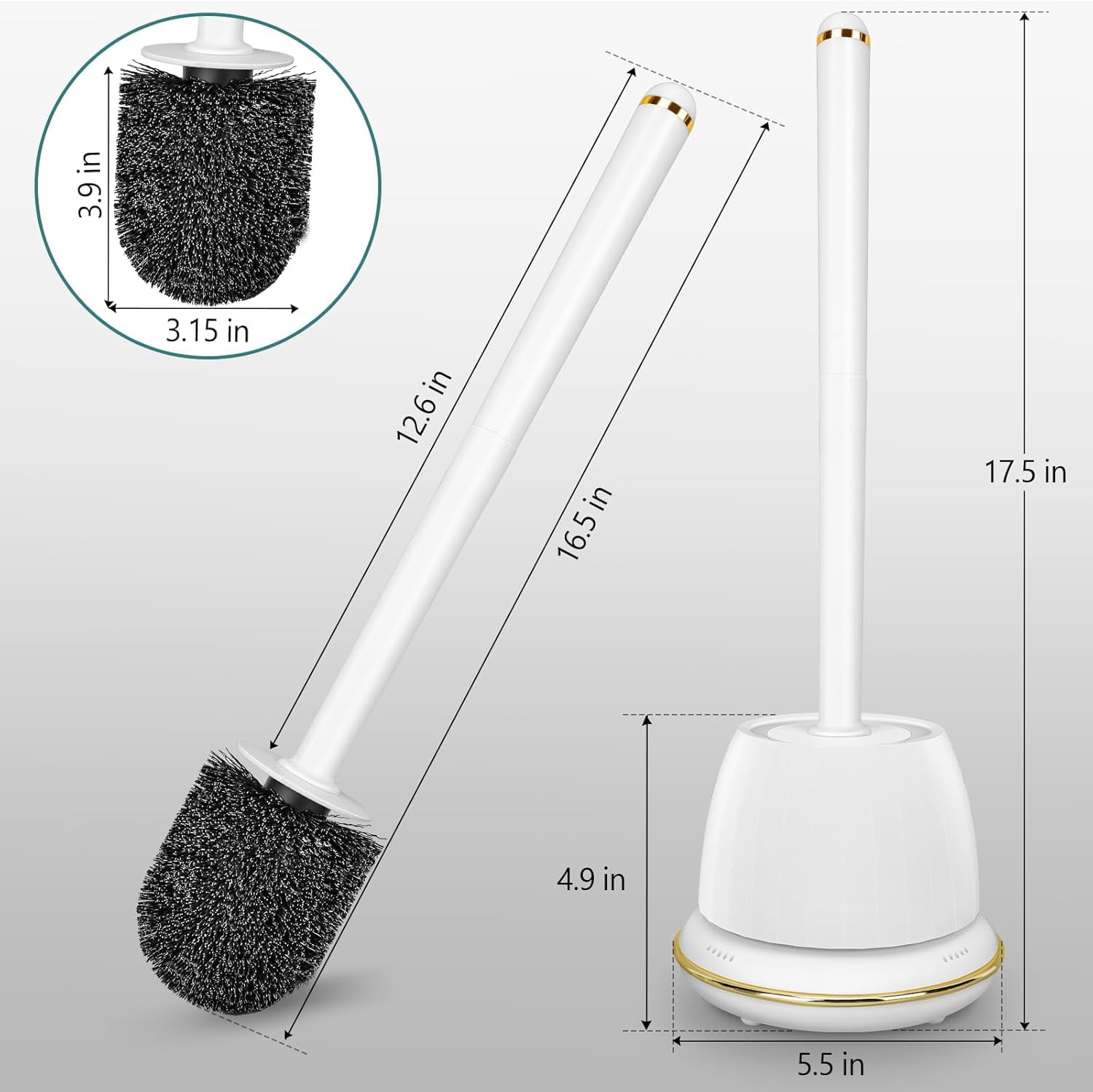 Gold Toilet Brush and Holder Set, Toilet Bowl Brush with Long Handle, Easy to Assemble Compact Toilet Scrubber, No Leaks with Vent, Stylish Bathroom Accessories.