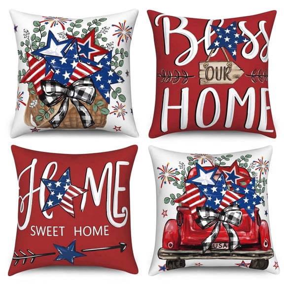 4th of July Throw Pillow Covers 18x18 Set of 4,Patriotic Red White and Blue Pillow Cases for Bedroom Sofa Couch Decor