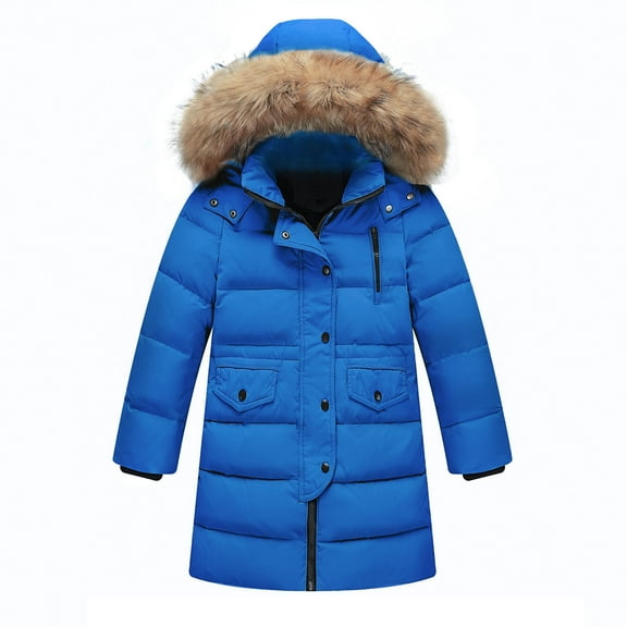 BFHHYA Girls Boys Winter Long Puffer Jacket Furry Collar Hooded Quilted Coat Thickened Warm Zip-Up & Button Outerwear for Cold Days Kids (2-15Y)