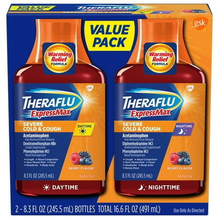 Theraflu ExpressMax Daytime/Nighttime Severe Cold & Cough Relief Syrups, Berry Flavor, 8.3 oz (Combo (What's The Best Cough Medicine For Adults)