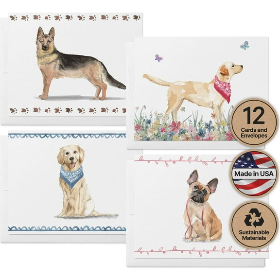 Twigs Paper - Dog Thank You Card Set - 12 Assorted Greeting Cards - Labrador Retriever, Boston Terrier, Bulldog, Mountain Dog, (5.5 x 4.25 Inch) with Envelopes - Eco Friendly - Made In USA