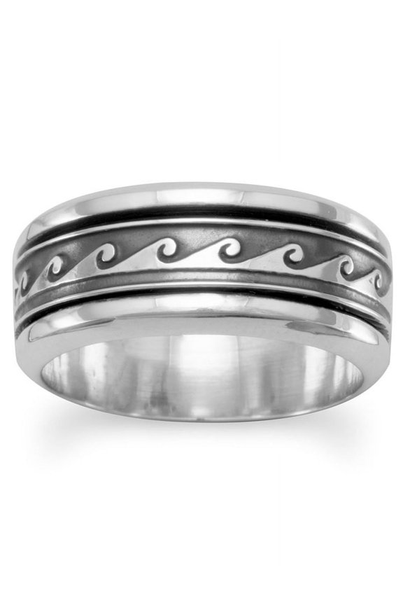 Spin Ring with Wave Design Mens Womens Sizes Antiqued Sterling Silver