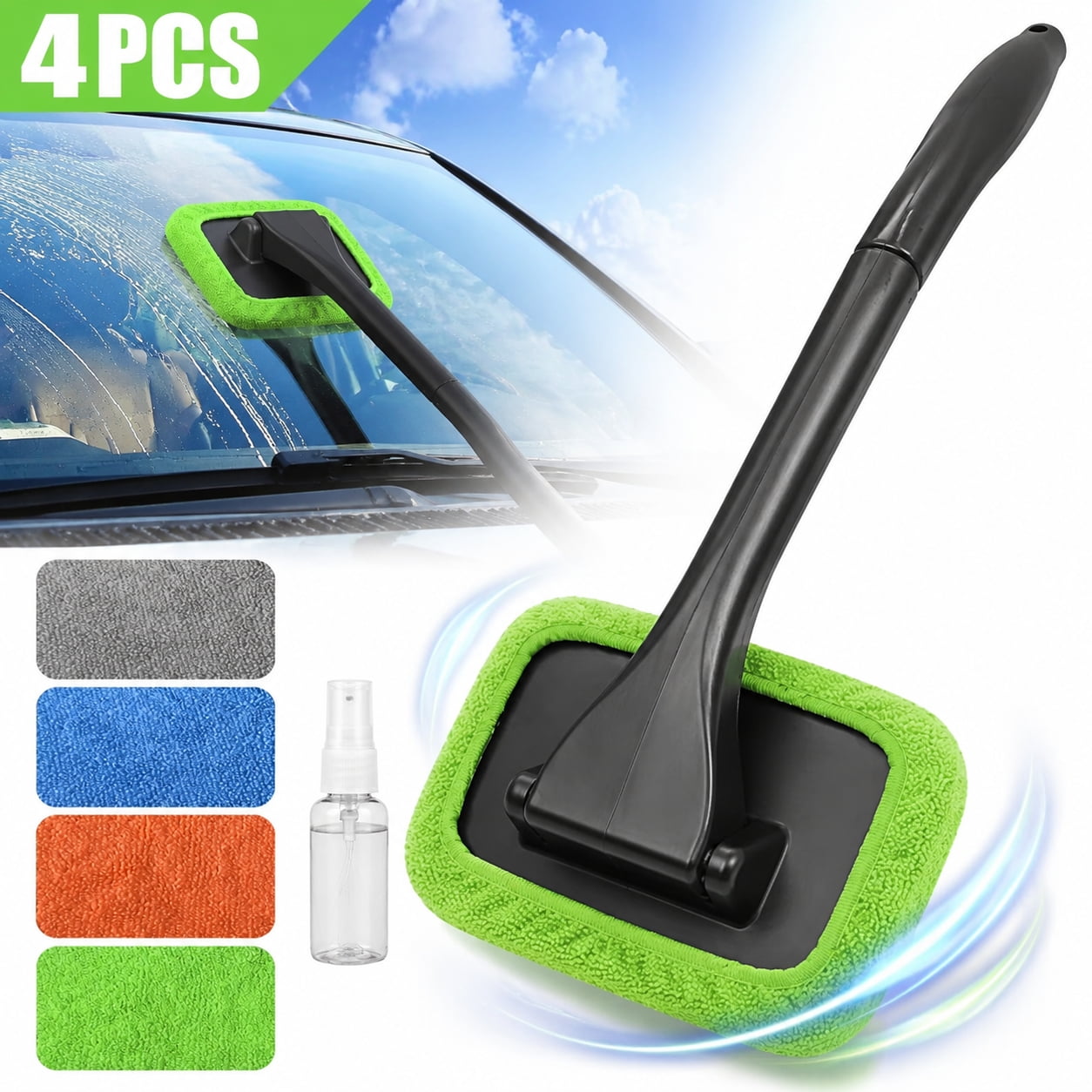 Car Windshield Cleaning Tool with Extendable Handle Interior Window Cleaner with 4 Washable Microfiber Pads Reusable Auto Glass Cleaning Kit for Cars and Home