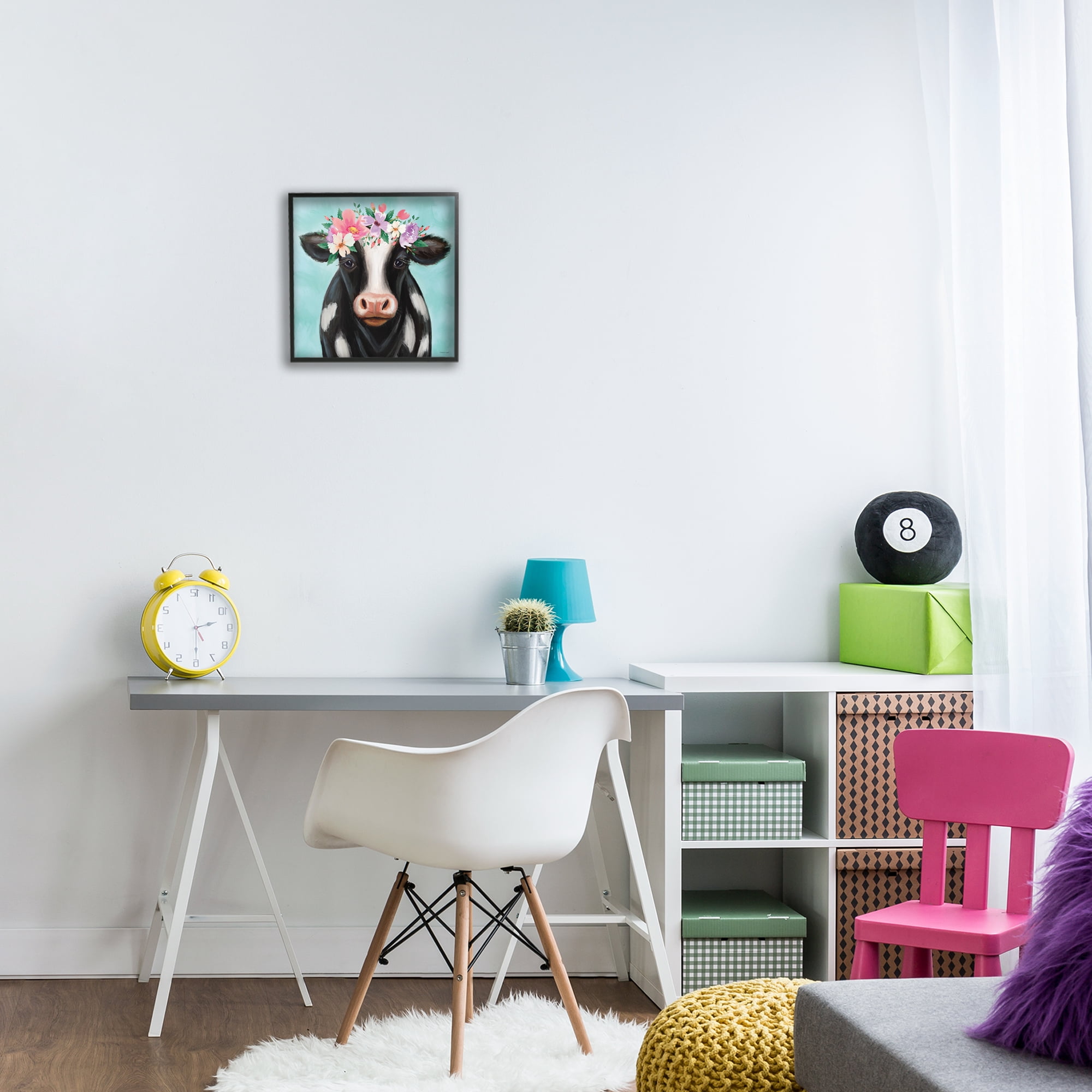Stupell Industries Cow with Pastel Flowers Animals & Insects Painting Black Framed Art Print Wall Art, 12 x 12