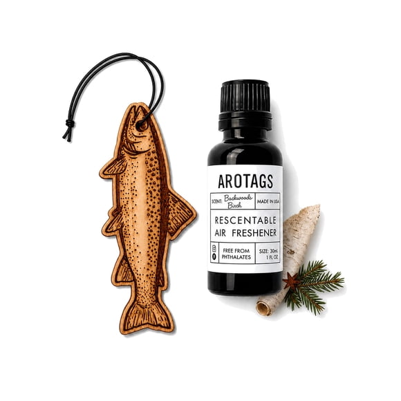 Ambientador para auto Arotags Trout, difusor de madera con aroma, 30 ml