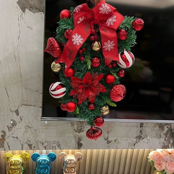 Christmas Door Wreath, Norfolk Pine Wreaths for Front Door with Candy Cane Red and White Ball Pinecones Berries for Fireplace Xmas Decorations, Wall Window Indoor Outdoor Decor