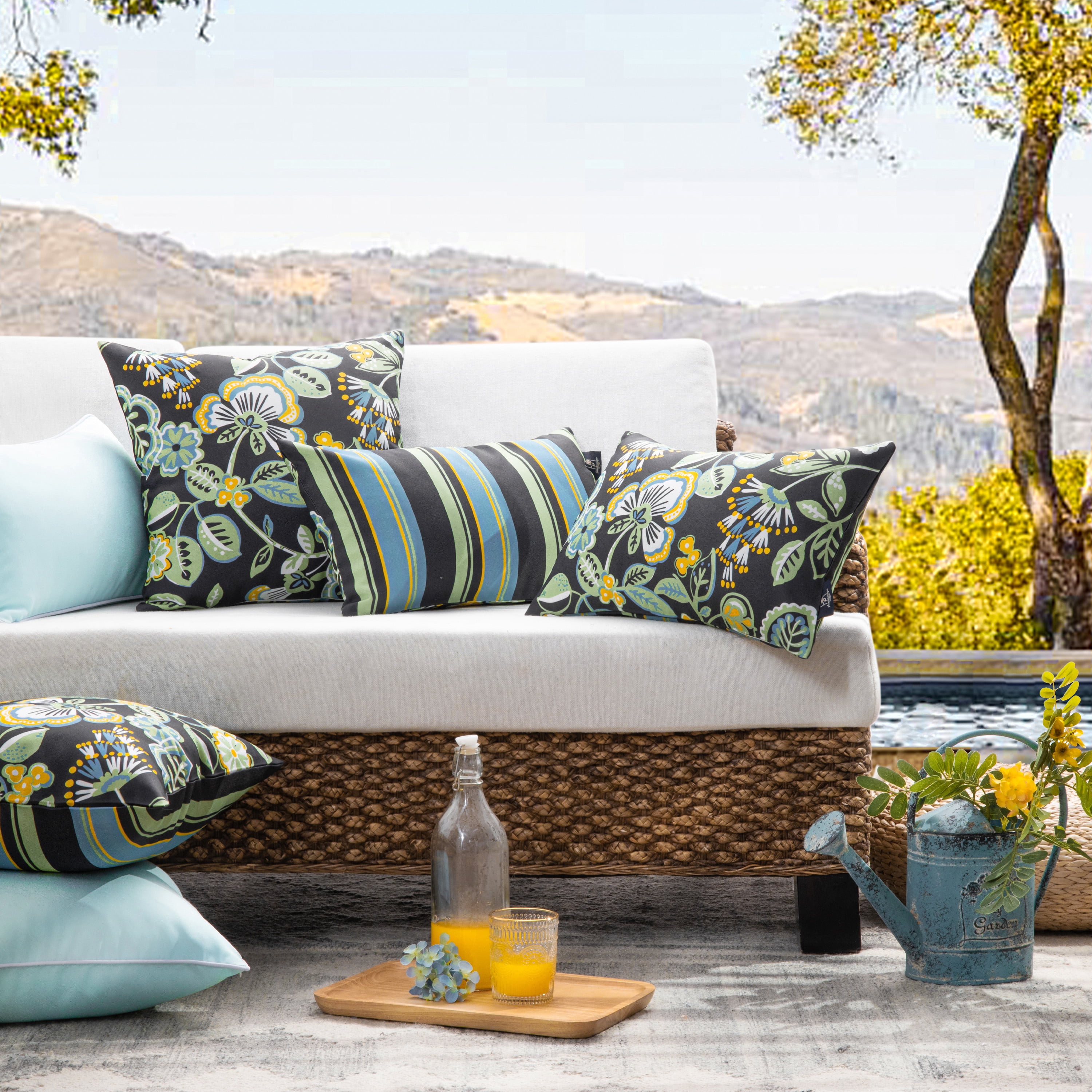 Outdoor Floral Printed Decorative Waterproof Throw Pillow for Patio Garden, Dark Green 12x20 Inch, Pack of 2