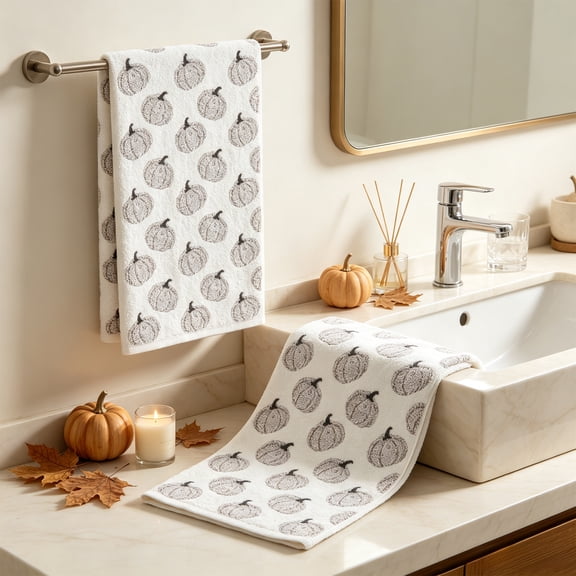 Leutsin 2 Pack Fall Pumpkin Kitchen Towels, White Jacquard Pumpkin Pattern Absorbent Dish Hand Towels, Farmhouse Seasonal Thanksgiving Halloween Kitchen Counter Home Decor, 16 x 24 inch