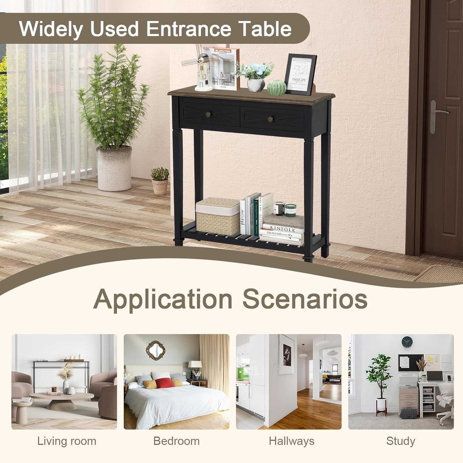 Narrow Entryway Table - Console Table with 2 Drawers, Wood Sofa Table with Storage Shelf, Couch Table Behind Sofa, Farmhouse Entryway Table for Hallway Entryway Living Room, Black