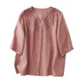 thumbnail image 1 of Tops de Algodón de Lino para las Mujeres Bordado Imitación Algodón Botón de Lino Cinco Cuartos de Manga Corta V-Cuello Superior, 1 of 9