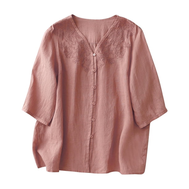 Tops de Algodón de Lino para las Mujeres Bordado Imitación Algodón Botón de Lino Cinco Cuartos de Manga Corta V-Cuello Superior